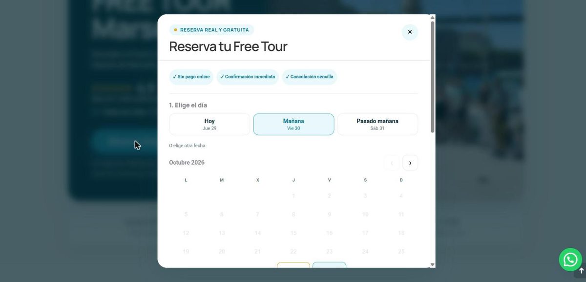 Formulario de reserva propio del free tour, con elección de día